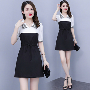 RM8739#大码女装2023夏季新款赫本风时尚系带显瘦收腰短袖胖MM连衣裙