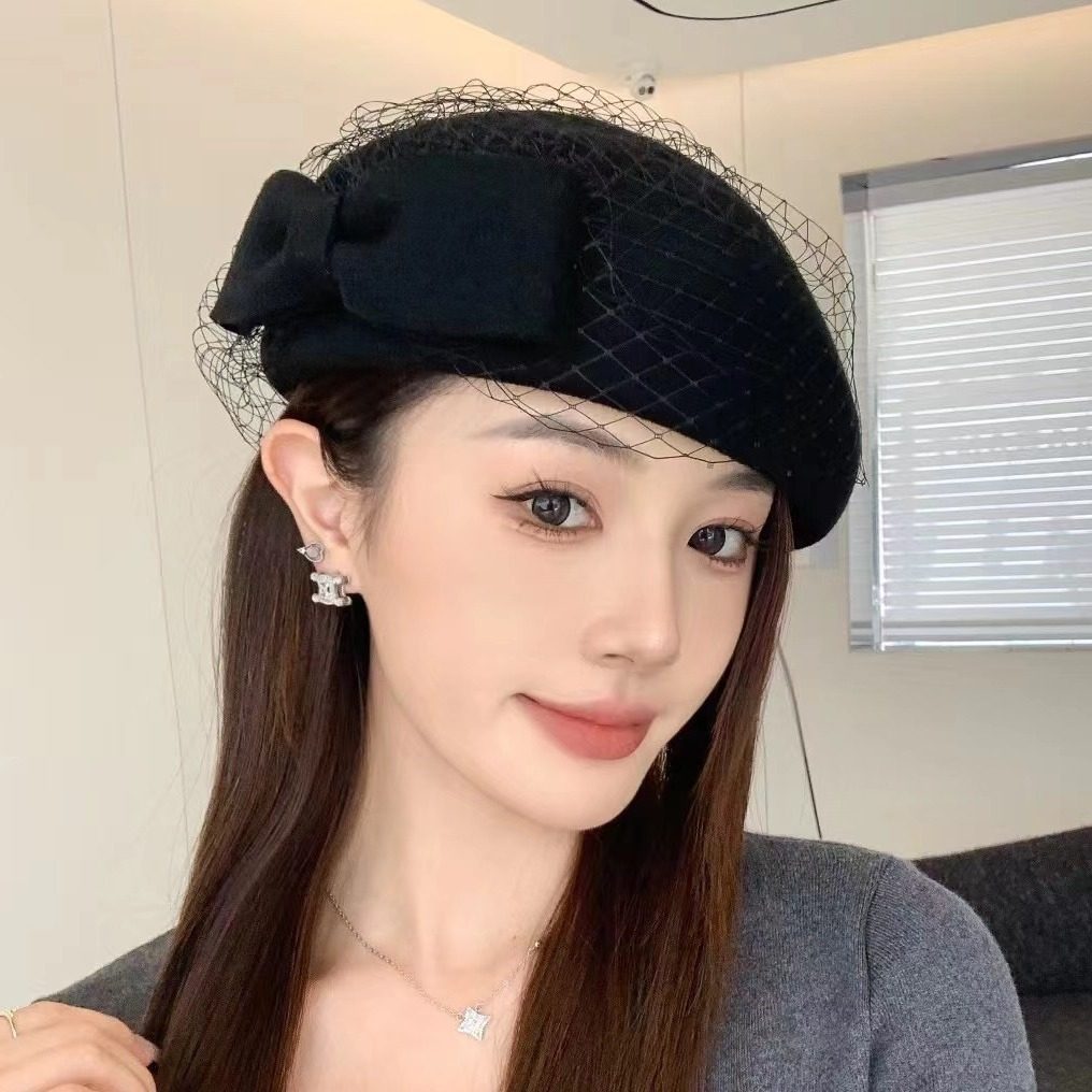黑色优雅蝴蝶结网纱贝雷帽女澳洲羊毛礼帽保暖时装空姐帽秋冬洋气,服饰配件/皮带/帽子/围巾,帽子,淘宝优惠券,粉丝福利购,淘宝优惠卷
