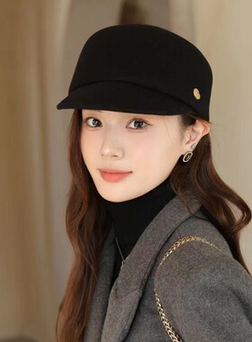 秋冬羊毛呢女韩国小香风鸭舌帽贝雷帽骑士礼帽报童英伦马术帽黑色
