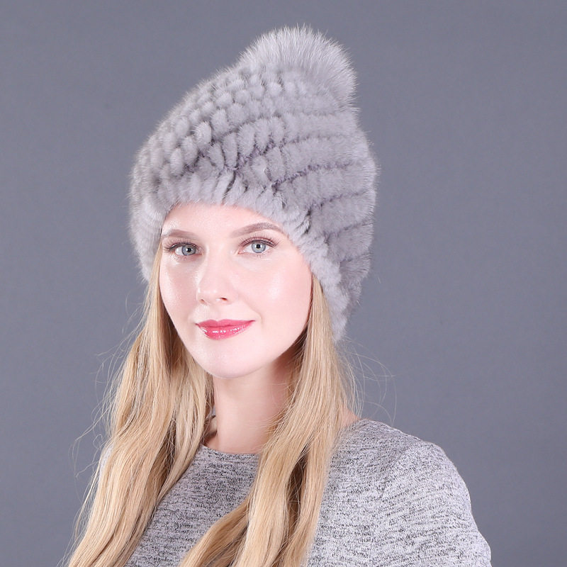 韩版女士水貂编织一球帽子加厚双层保暖时尚冬季狐狸球帽成人