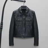 头层绵羊真皮皮衣女修身 短款 青年翻领休闲牛仔夹克多口袋外套井