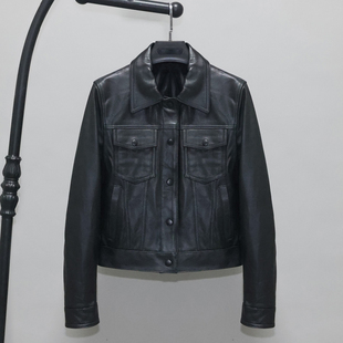 头层绵羊真皮皮衣女修身 青年翻领休闲牛仔夹克多口袋外套井 短款