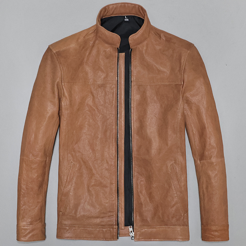 男士植鞣头层绵羊立领真皮皮衣