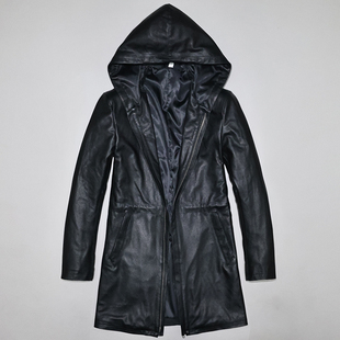 简约商务休闲风衣夹克发 连帽衫 柔嫩头层牛皮真皮皮衣男修身 中长款