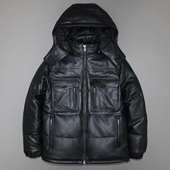头层牛皮真皮皮衣男修身 脱卸帽青年休闲加厚羽绒防寒服夹克外套茅