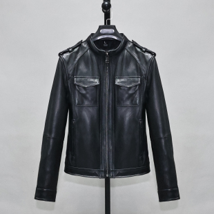 夹克外套万 显瘦青年立领简约肩章工装 头层绵羊真皮皮衣女修身 短款