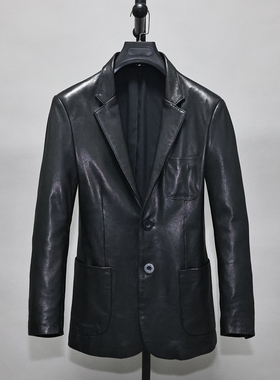双开叉真皮西服挺阔无涂植鞣绵羊皮衣男修身西装领外套休闲商务计