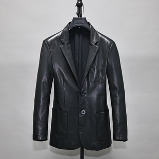 双开叉真皮西服挺阔无涂植鞣绵羊皮衣男修身 领外套休闲商务计 西装