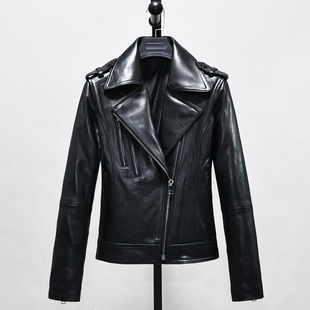 春秋头层绵羊真皮皮衣女修身 青年简约港风肩章机车夹克外套南 短款