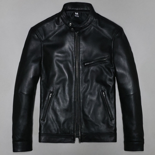 头层绵羊真皮皮衣男修身 青年简约休闲立领机车商务夹克外套门 短款