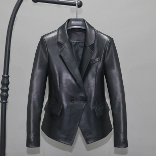 西服外套汲 青年休闲职业双排扣西装 头层绵羊真皮皮衣女修身 短款