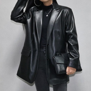 西服外套乙 青年慵懒风休闲西装 头层绵羊真皮皮衣女中长款 宽松廓版