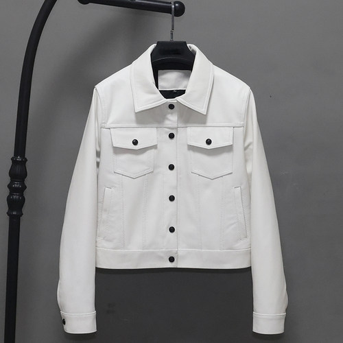 女士休闲修身短款头层绵羊真皮衣