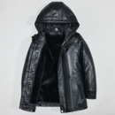 柔软头层绵羊真皮皮衣男修身 连帽脱卸毛绒内胆派克服厚夹克外套凡