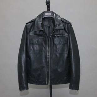 夹克巫 青年翻领复古工装 无涂重洗植鞣头层绵羊真皮皮衣男修身 短款