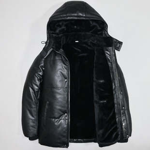 加厚毛绒头层牛皮真皮皮衣男修身 立领脱卸帽休闲商务防寒面包服书