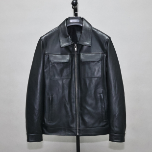 夹克外套北 青年翻领简约休闲商务工装 头层绵羊真皮皮衣男修身 短款