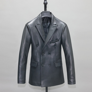 青年双排扣开衩休闲西服职业外套祝 头层绵羊皮衣修身 男士 真皮西装
