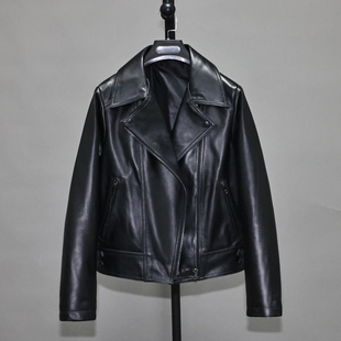 头层绵羊真皮皮衣女微廓直筒休闲宽松短款 青年简约机车夹克外套舌
