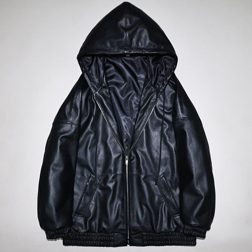 男女头层牛皮廓版真皮皮衣连帽衫