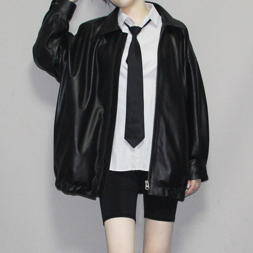 头层真皮皮衣女韩版宽松翻领休闲