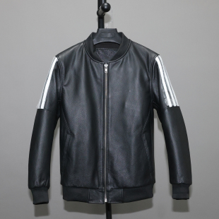 头层牛皮真皮皮衣男修身 青年运动休闲棒球服夹克外套白条岑 短款