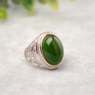 天然和田玉碧玉戒指女款玉石指环复古民族风开口戒子菠菜绿玉石