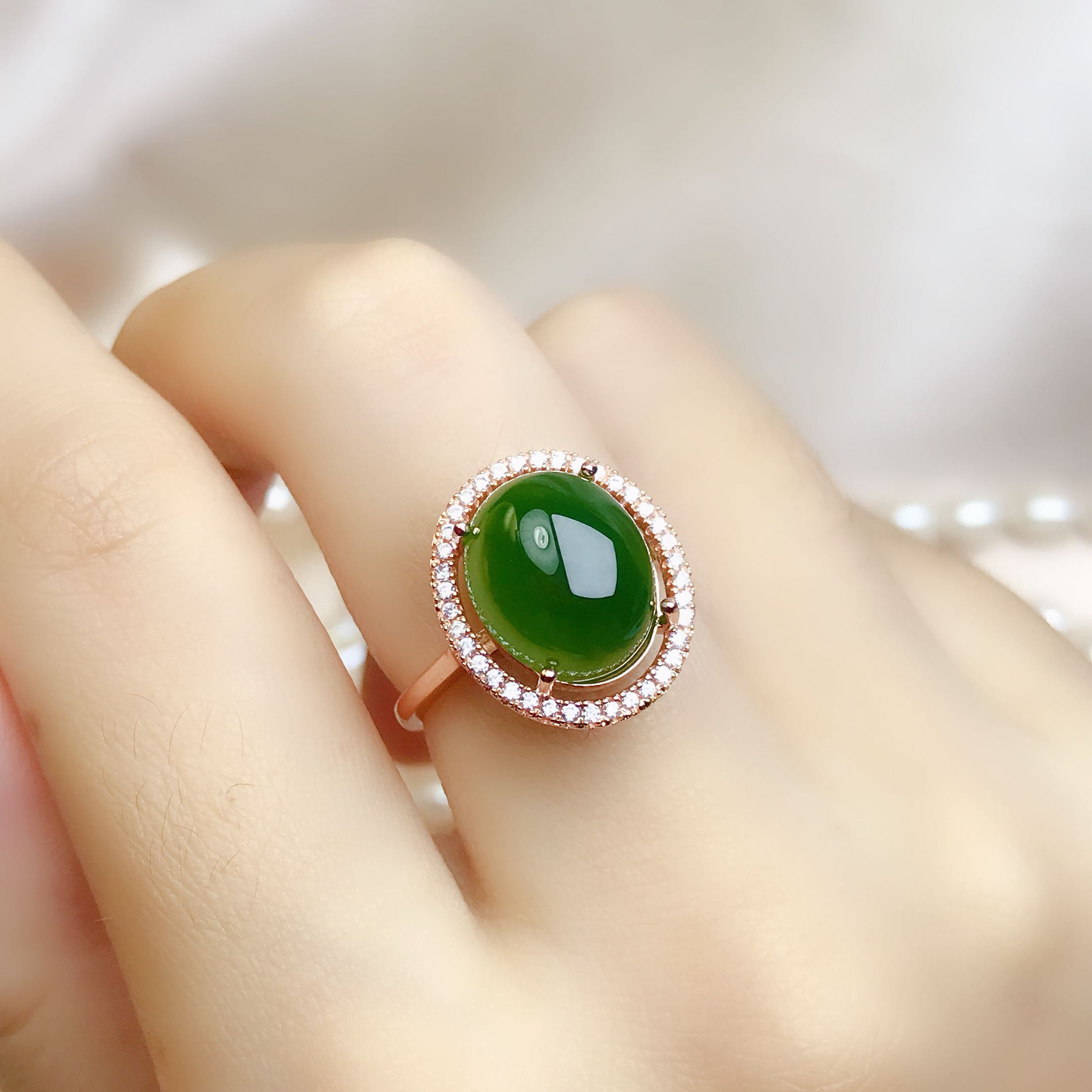 天然和田碧玉戒指女戒子食指戒s925纯银镶嵌椭圆蛋面绿色宝石日韩