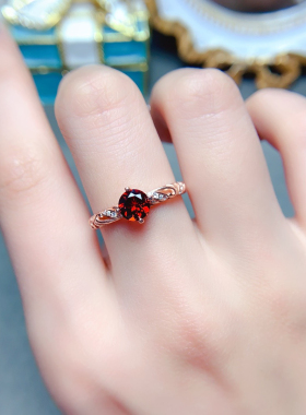 S925纯银镶嵌天然石榴石戒指女戒日韩时尚百搭简约个性酒红色宝石