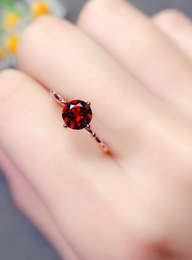 天然石榴石戒指s925纯银镶嵌尺寸圆6mm精致百搭轻奢简约日韩饰品