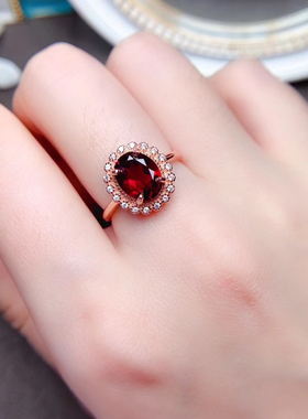天然石榴石戒指女戒子酒红色红宝石S925纯银镶嵌饰品时尚简约日韩