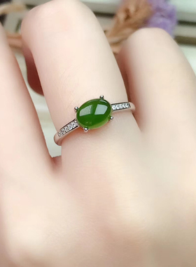 天然和田玉碧玉戒指女戒子S925纯银镶嵌椭圆菠菜绿指环简约可调节