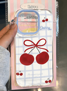 格纹樱桃苹果17手机壳16/15pro华为mate30适用p50荣耀70红米note13女OPPOreno11/9/8小米14/vivos12s7新款x80