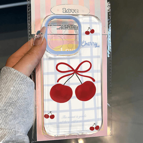 格纹樱桃苹果17手机壳16/15pro华为mate30适用p50荣耀70红米note13女OPPOreno11/9/8小米14/vivos12s7新款x80