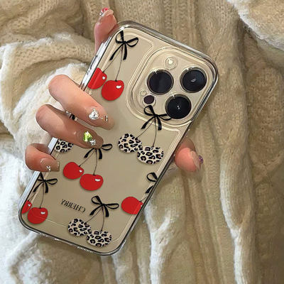HK豹纹樱桃蝴蝶结超薄手机壳