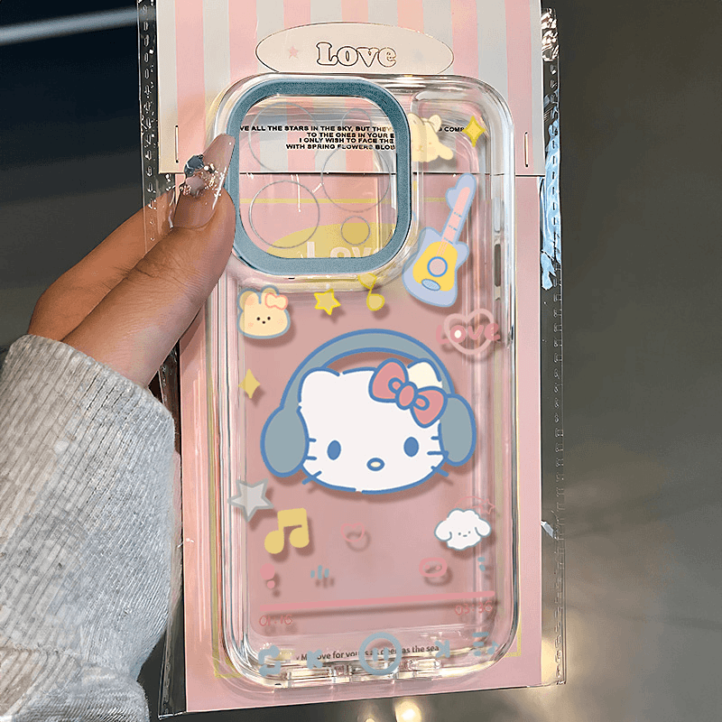 听歌KT猫适用iPhone16手机壳苹果15卡通14Pro透明13ProMax防摔12全包XR日韩动漫XSMAX女新款11/7/8plus保护套