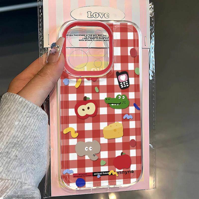 卡通红格子适用苹果16pro手机壳