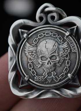 骷髅纯银古董手工雕刻流浪者硬币