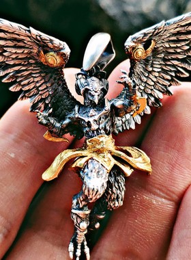 中国风金翅大鹏鸟吊坠迦楼罗老鹰纯手工纯银S925国潮项链男女