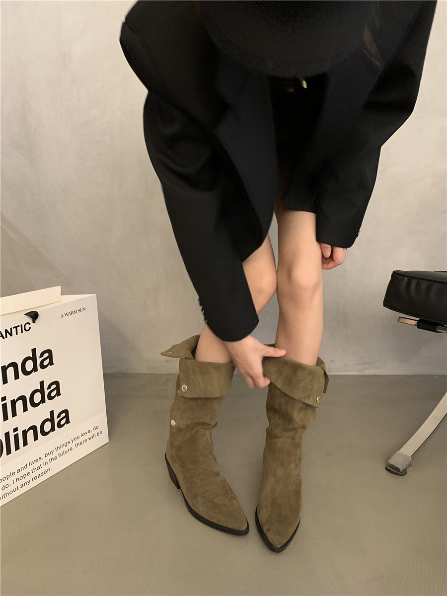 파일 부츠 복고풍 틈새 작은 키가 큰 부츠 프랑스 여성 부츠 여름과 가을 갈색 서부 카우보이 부츠 나이트 부츠