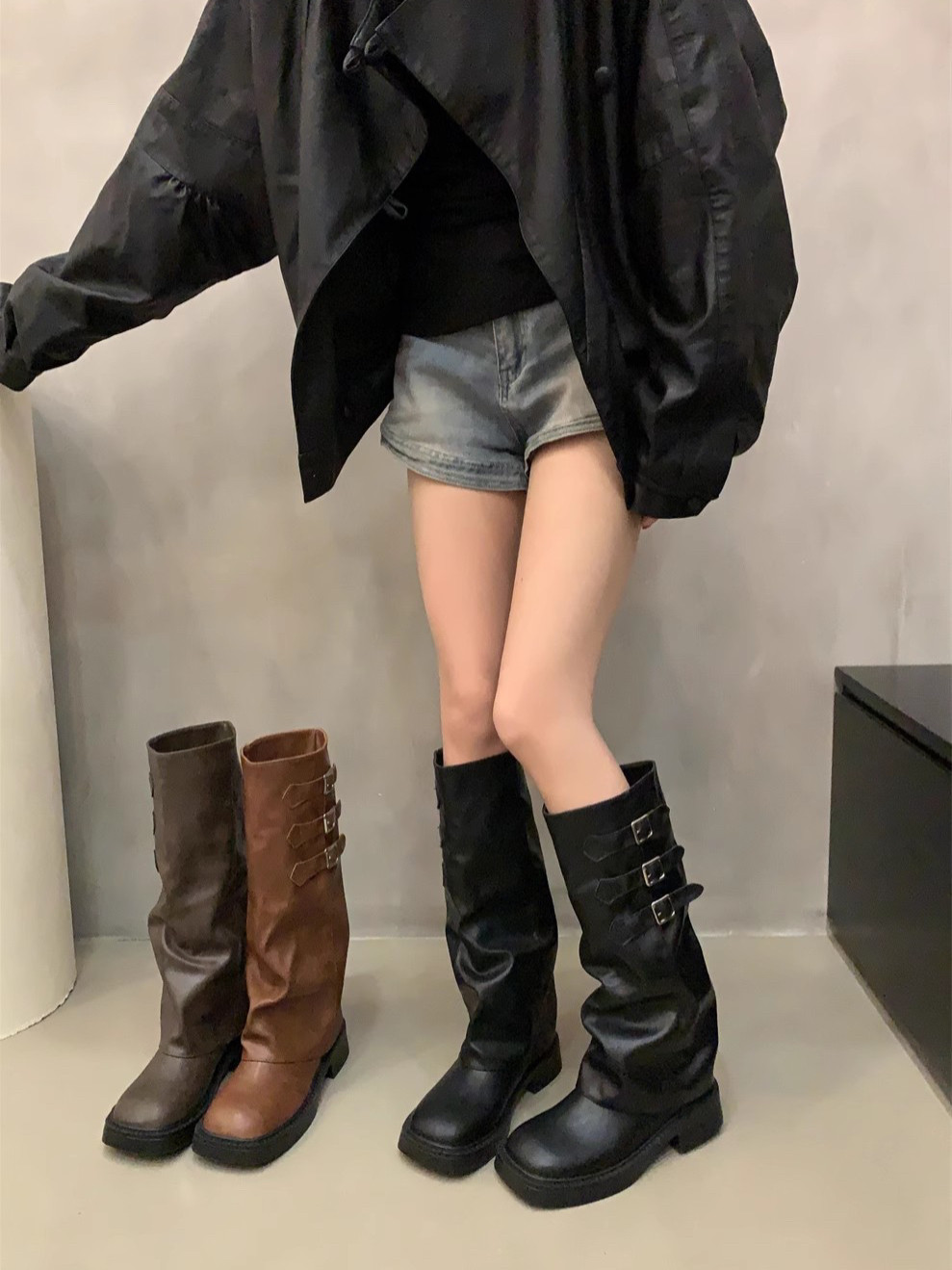 브라운 레트로 하이레그 팬츠 부츠 나이트 부츠 숏부츠 가을 겨울 두꺼운 밑창 여성 부츠 웨스턴 카우보이 부츠