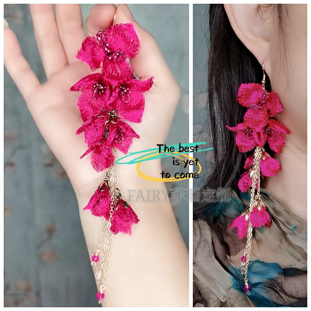 新品 FAIRY菲瑞定制  纯手工玫红色勒杜鹃花团锦簇耳环耳饰  一只