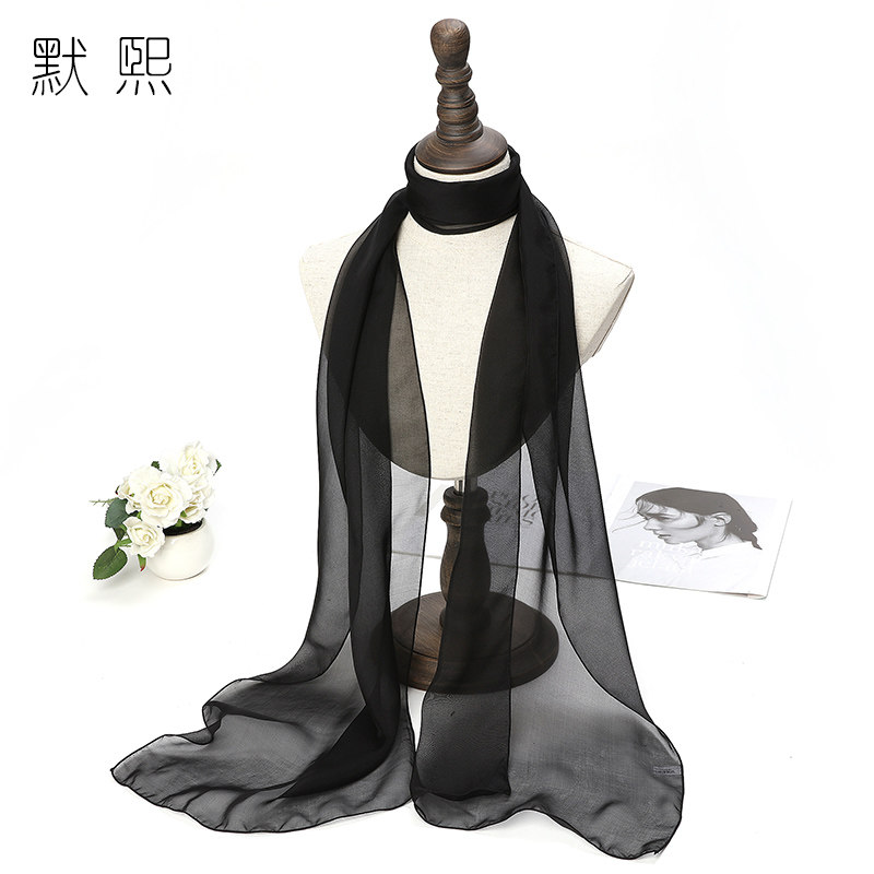 细窄装饰真丝丝巾小长条女百搭春夏季护颈巾薄款纱巾黑色搭配飘带