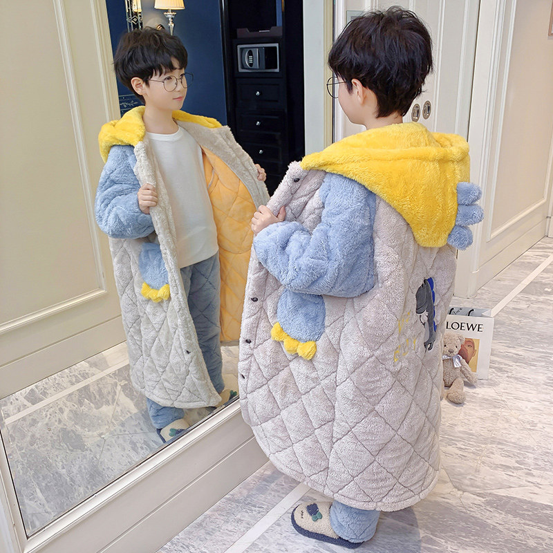 儿童睡衣秋冬季加厚款三层夹棉男童孩珊瑚绒法兰绒恐龙连帽家居服