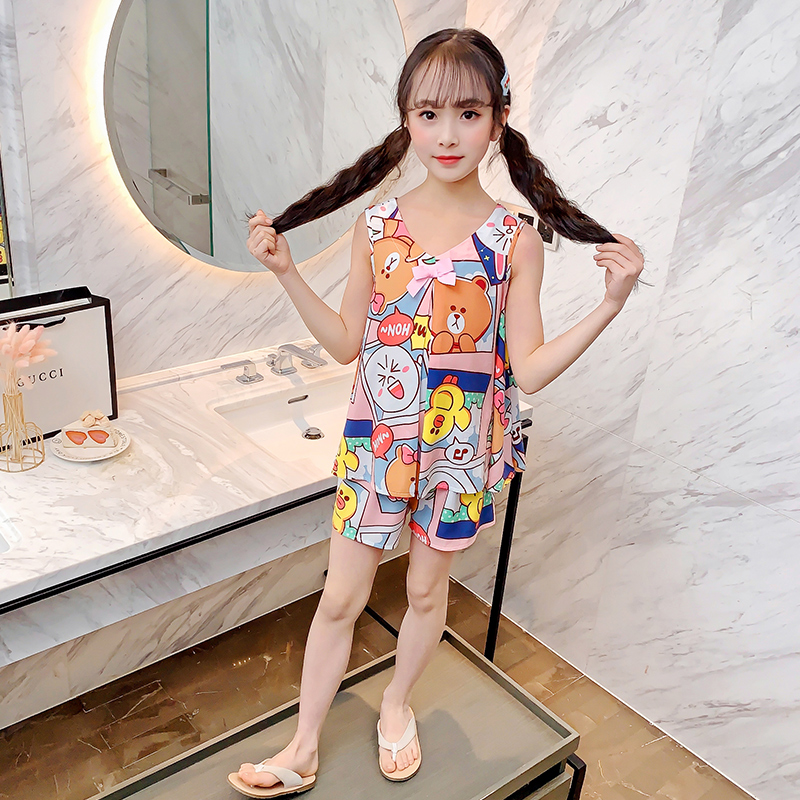 女童睡衣夏季薄款绵绸棉绸无袖小孩中大儿童花棕熊空调家居服套装