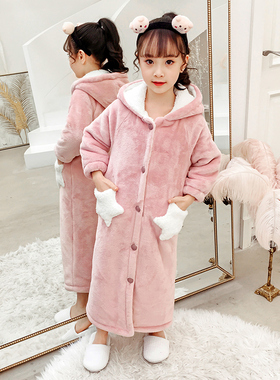 儿童浴袍珊瑚绒睡袍法兰绒秋冬季双层加厚款女童孩宝宝睡衣家居服