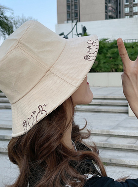 猫咪刺绣渔夫帽女夏季韩版百搭日系甜美可爱盆帽遮阳防晒薄款透气
