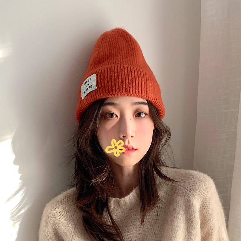 帽子女秋冬韩版百搭针织帽毛线日系可爱潮时尚保暖加绒冷网红橘色