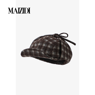 复古英伦侦探帽子秋冬格纹系绳飞行帽男女情侣款百搭保暖护耳帽子