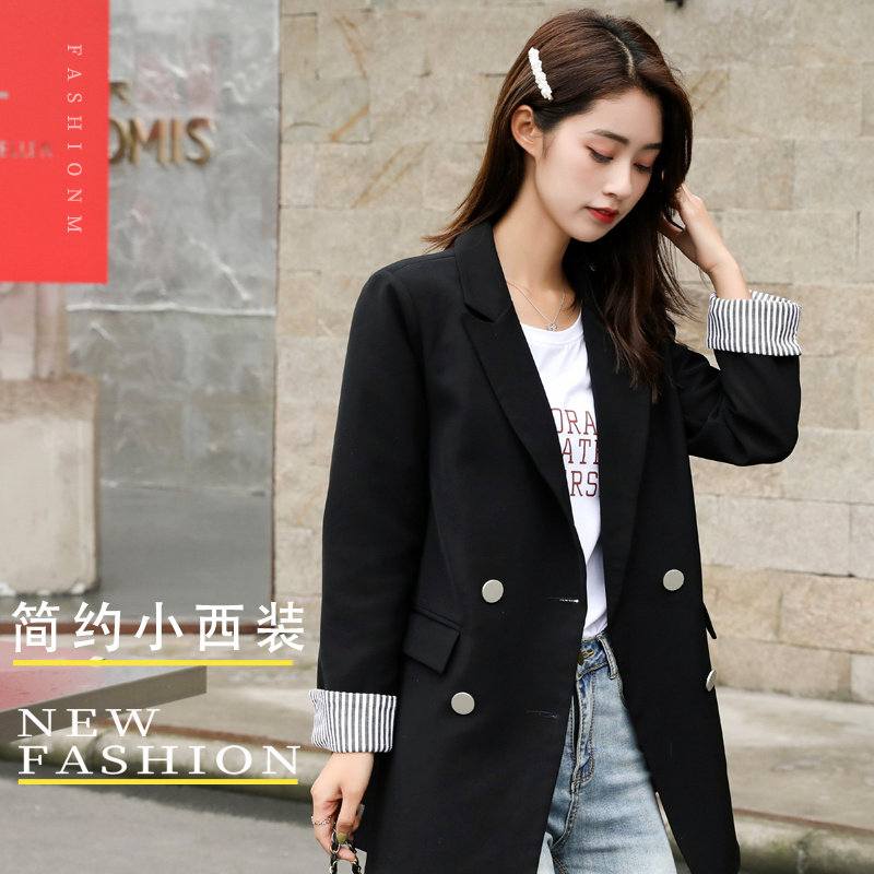 3西服外套女宽松中长黑色上衣春秋休闲佰搭学生设计感小众西装ins